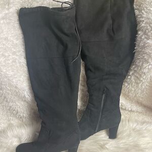 Ashley Stuart Fabric suede Black over the knee wide calf block heels boots SZ12W